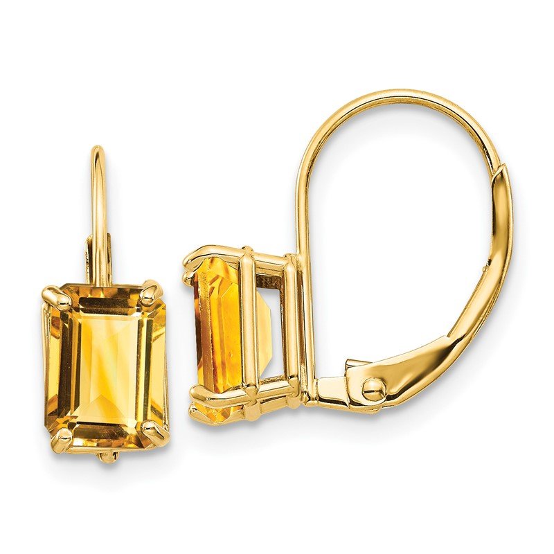 14k 7x5mm Emerald-cut Citrine Leverback Earrings