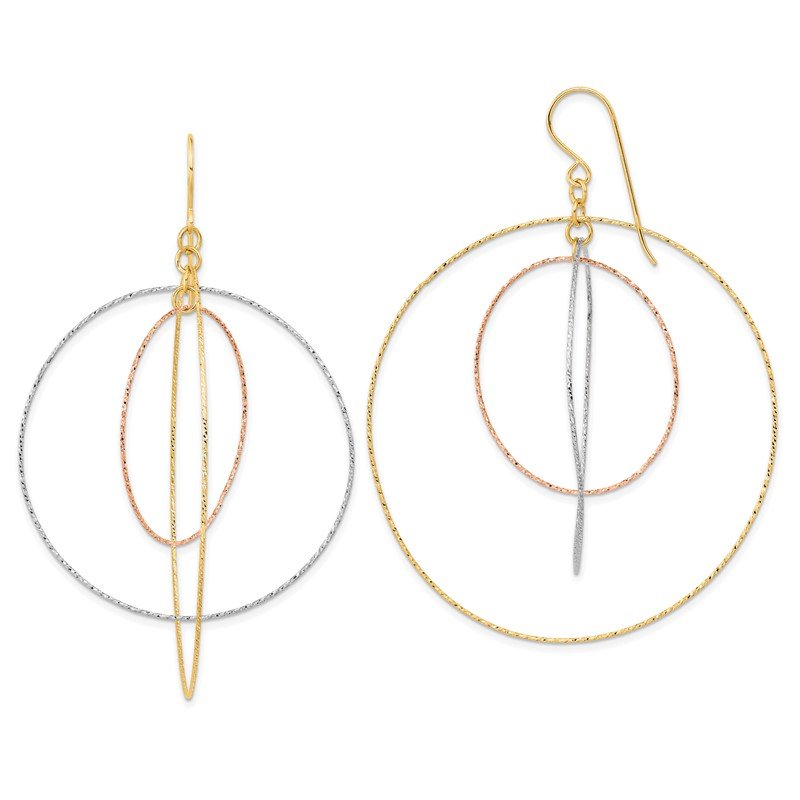 14k Tri-color Diamond Cut Graduated Circles Shepherd Hook Earrings