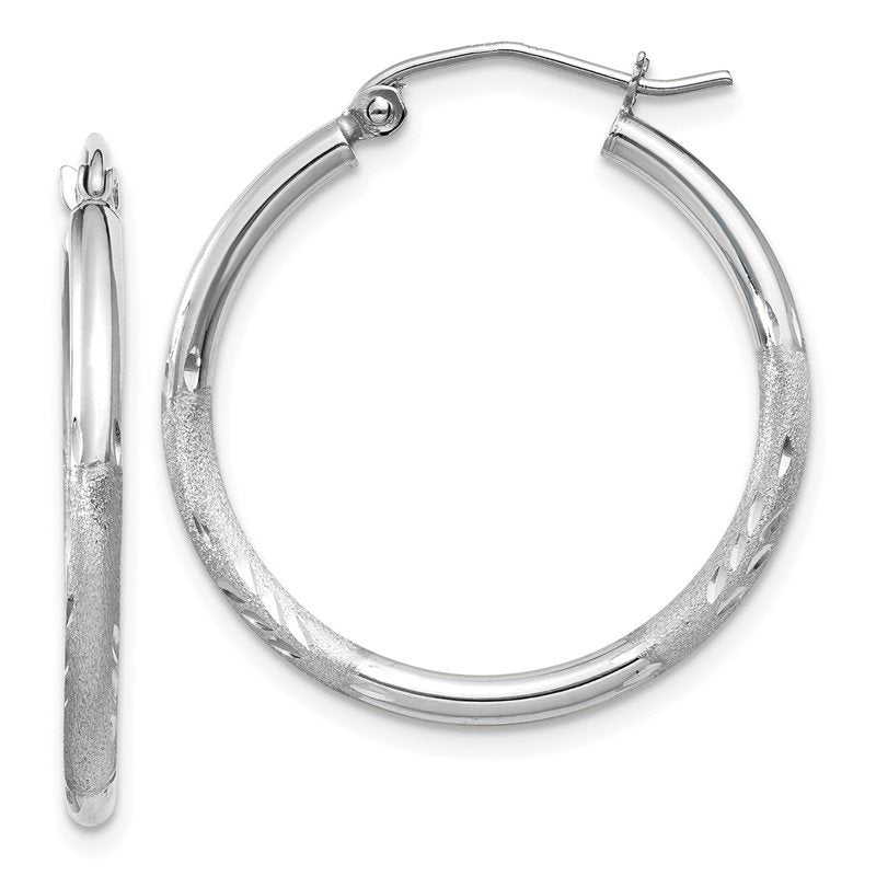 14k White Gold Satin and Diamond-cut 2mm Round Hoop Earrings