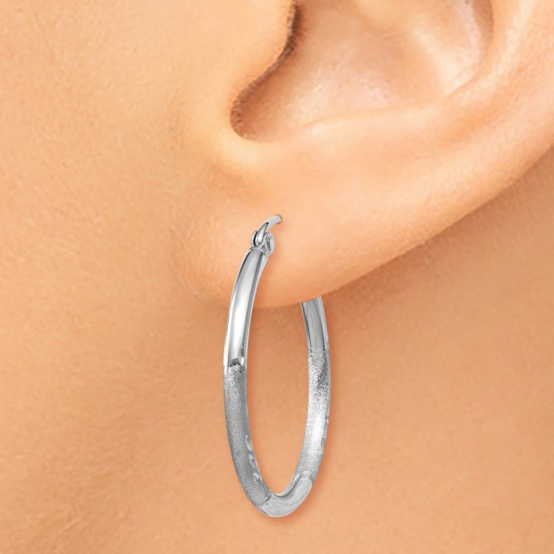 14k White Gold Satin and Diamond-cut 2mm Round Hoop Earrings