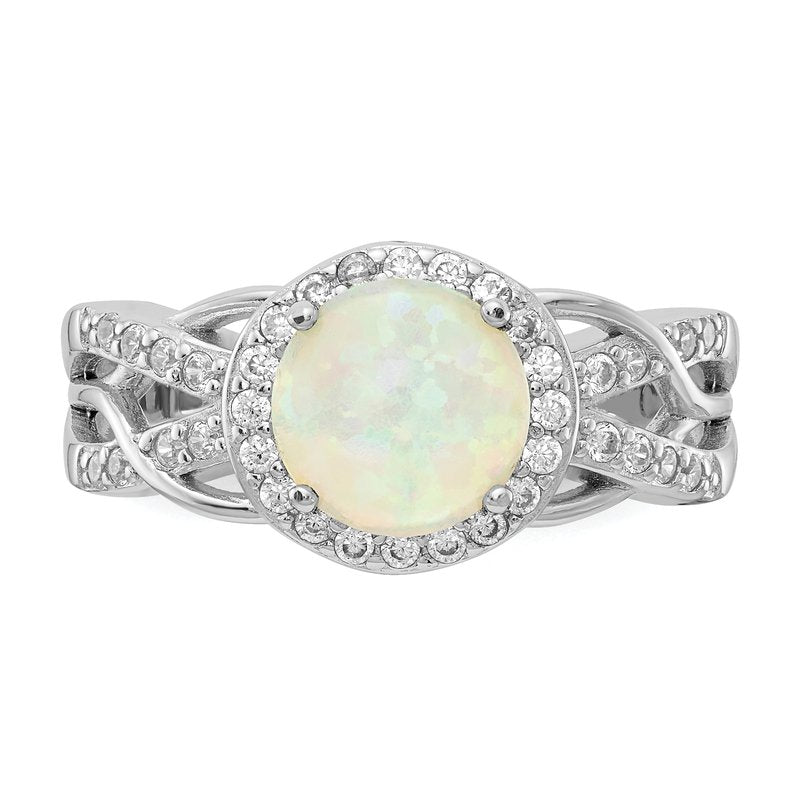 Sterling Silver Rhodium-plated Cabochon Lab Created Opal and Brilliant-cut CZ Woven Pattern Ring