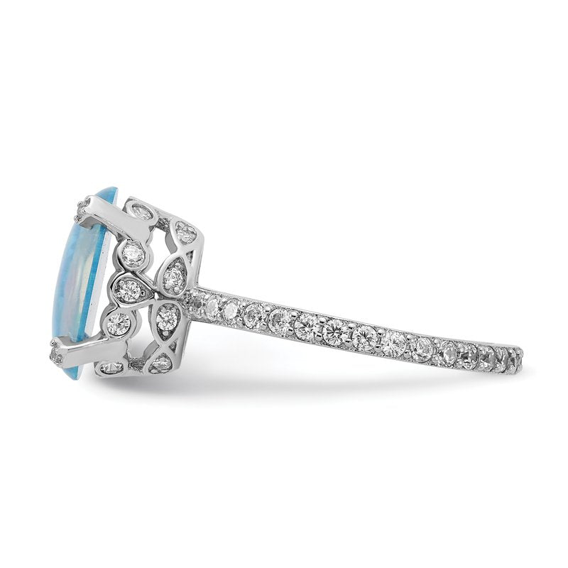 Sterling Silver Rhodium-plated Cabochon Lab Created Blue Opal and Brilliant-cut CZ Oval with Side Stones Ring