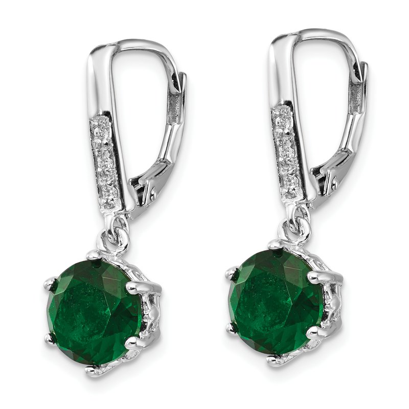 Sterling Silver Rhodium-plated Brilliant-cut Green Glass and Brilliant-cut White CZ Leverback Dangle Earrings