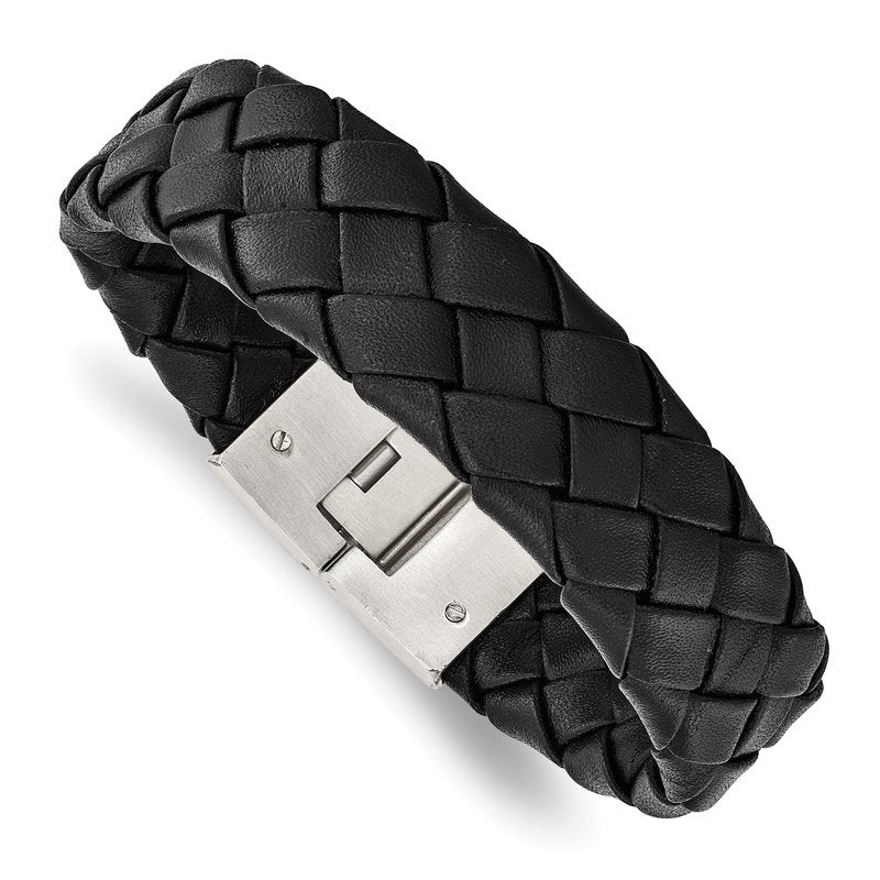 Stainless Steel Brushed Black Leather 8.5 inch Bracelet