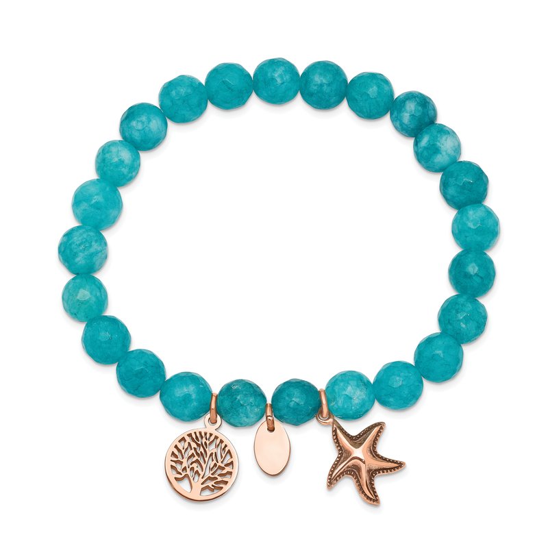 Stainless Steel Antiqued and Polished Rose IP-plated Starfish and Tree of Life 8mm Aqua Dyed Jade Beaded Stretch Bracelet