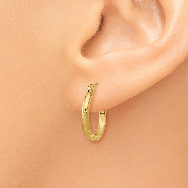 14k Satin and Diamond-cut 2mm Round Tube Hoop Earrings