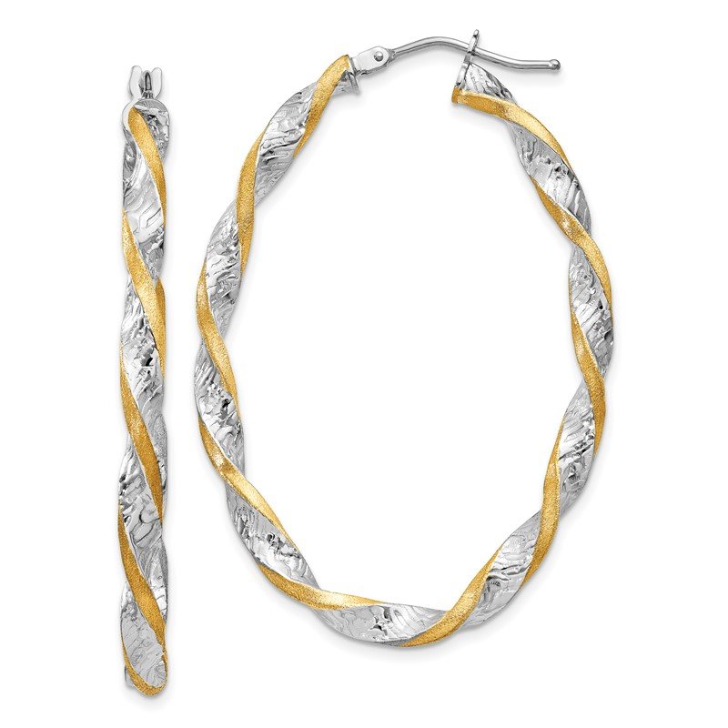 14k White Gold &amp; Yellow Rhodium Twisted D/C Oval Hoop Earrings