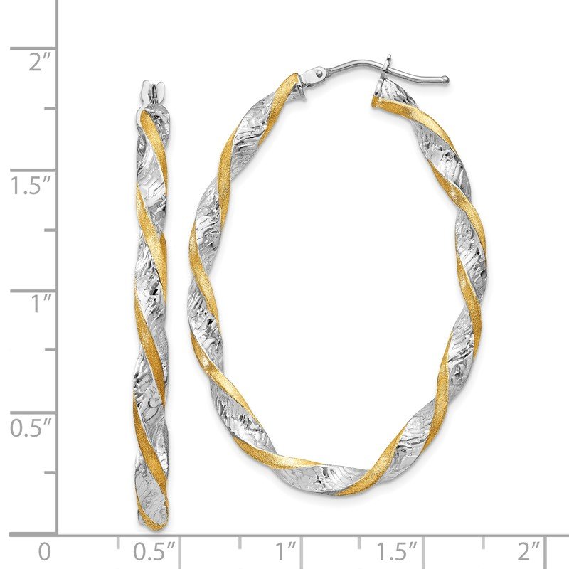 14k White Gold &amp; Yellow Rhodium Twisted D/C Oval Hoop Earrings