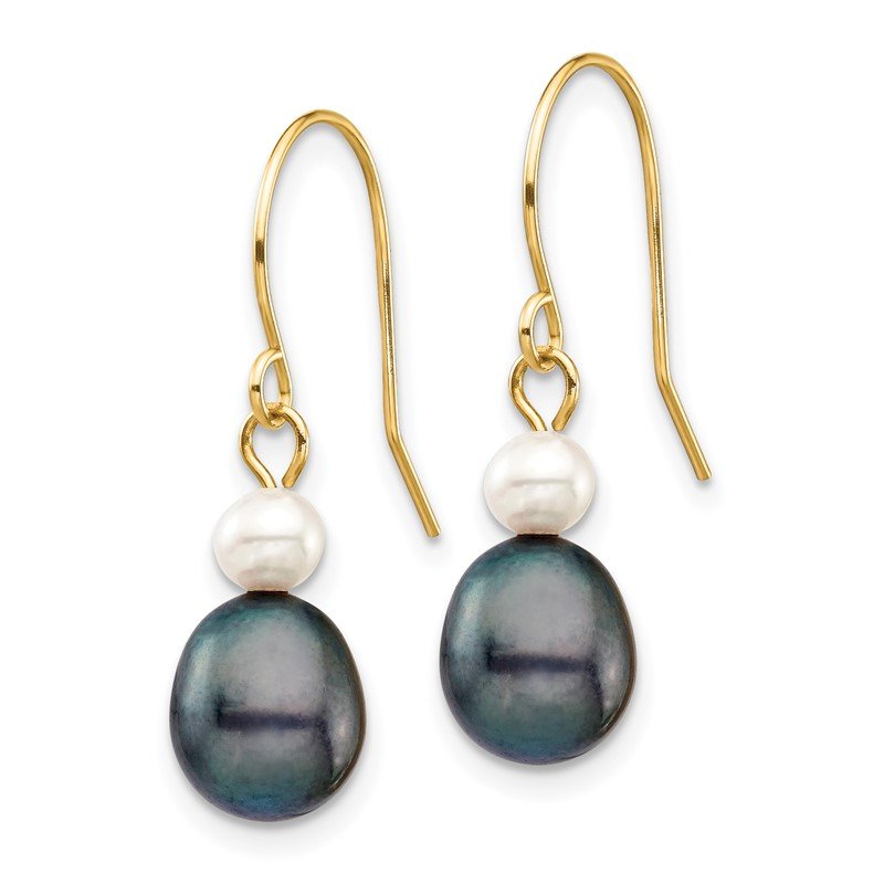 14k 4-7mm Black Rice and White Round Freshwater Cultured Pearl Dangle Earrings