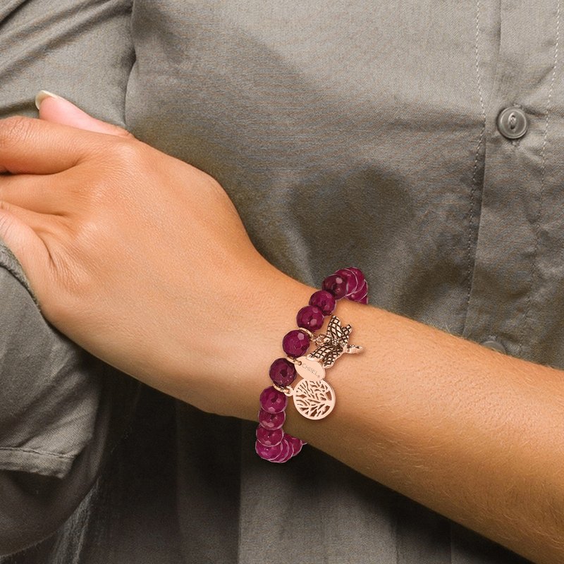 Stainless Steel Antiqued and Polished Rose IP-plated Dragonfly and Tree of Life 8mm Pink Dyed Jade Beaded Stretch Bracelet