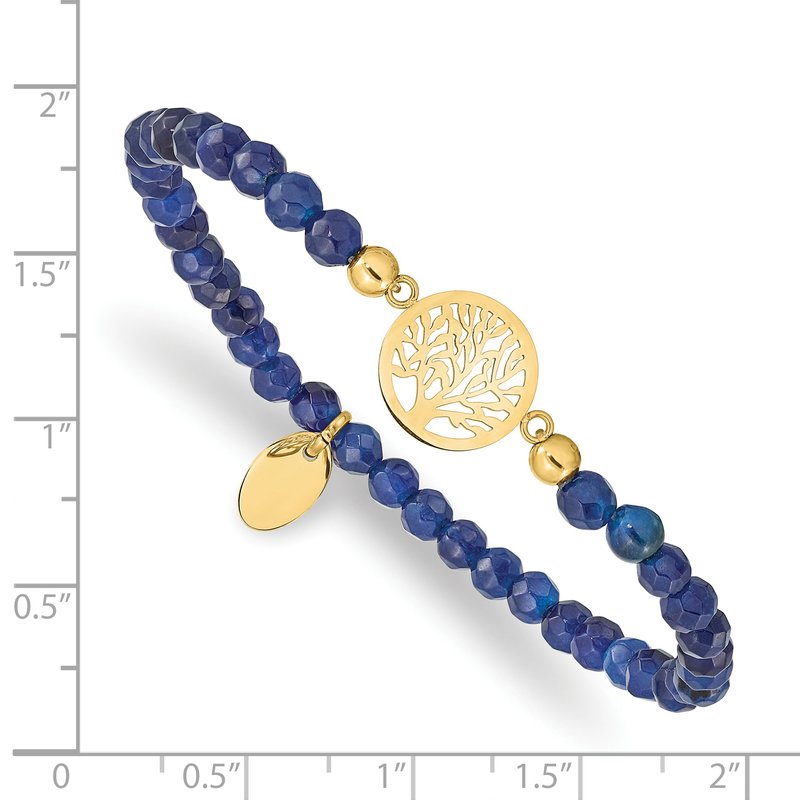 Stainless Steel Polished Yellow IP-plated Tree of Life 4mm Blue Jade Beaded Stretch Bracelet