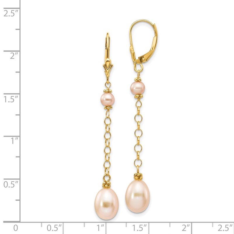 14k 5-8mm Pink Rice and Semi-Round Freshwater Cultured Pearl Chain Dangle Leverback Earrings