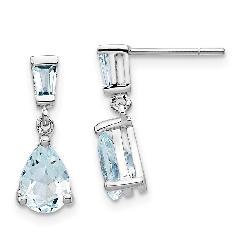 14k White Gold 7x5mm Pear and Baguette Aquamarine Dangle Post Earrings