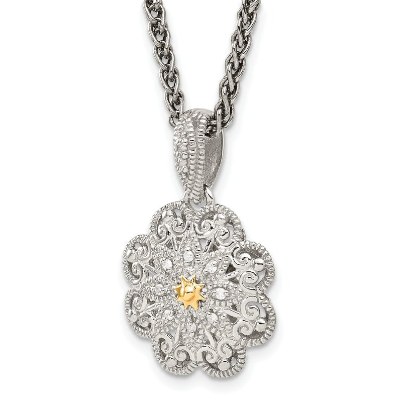 Sterling Silver Antiqued with 14K Accent 18 Inch Diamond Vintage Flower Necklace