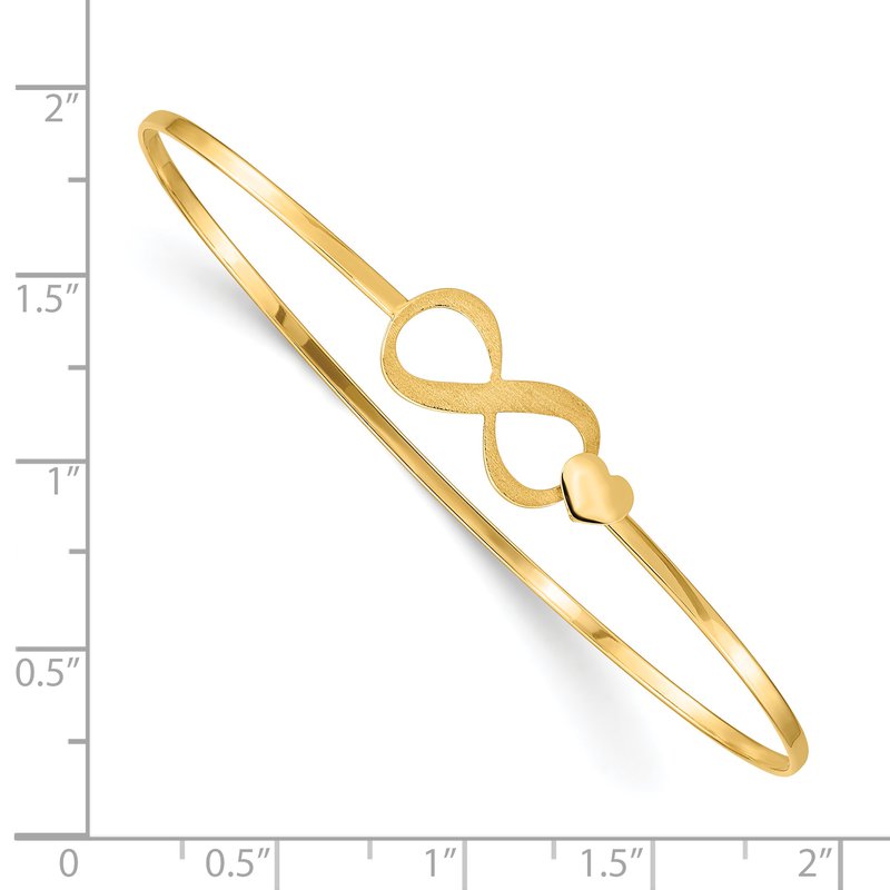 14K Brushed and Polished Infinity and Heart Clasp 1.65mm Flexible Oval Bangle Bracelet