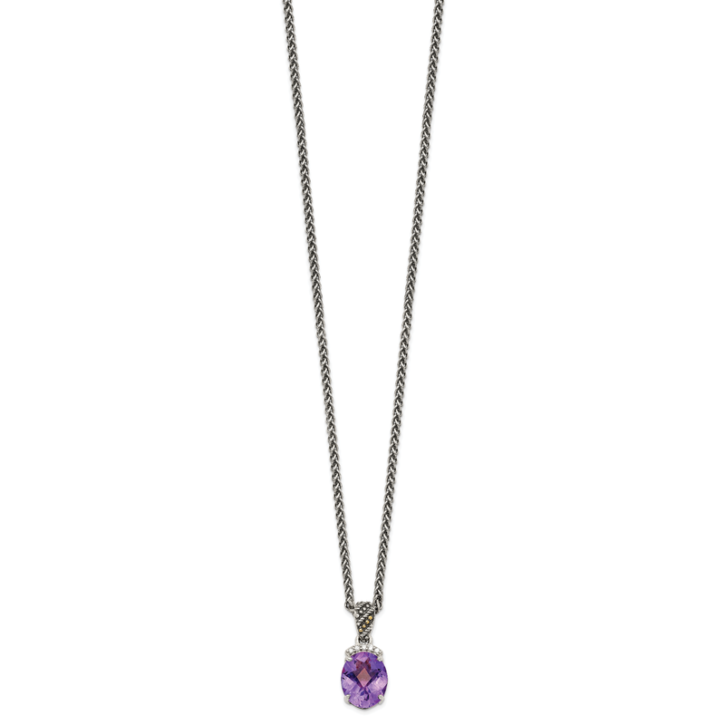 Sterling Silver with 14K Accent 18 Inch Antiqued Checkerboard-cut Oval Amethyst and Diamond Necklace