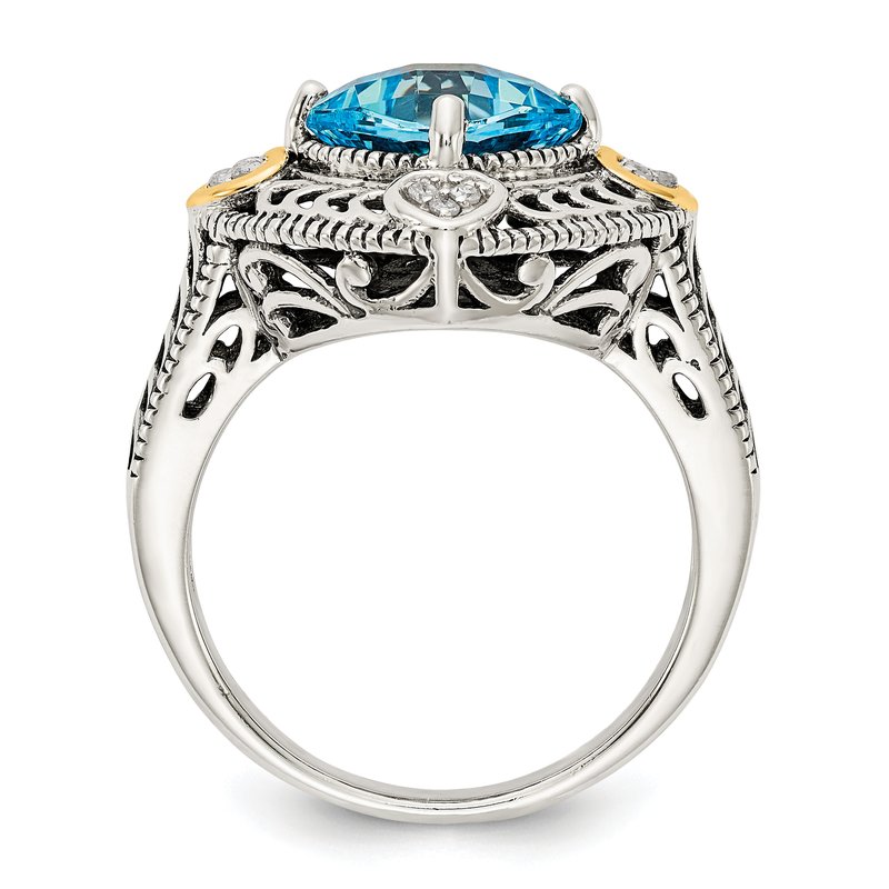 Sterling Silver with 14K Accent Antiqued Diamond and Cushion Blue Topaz Ring