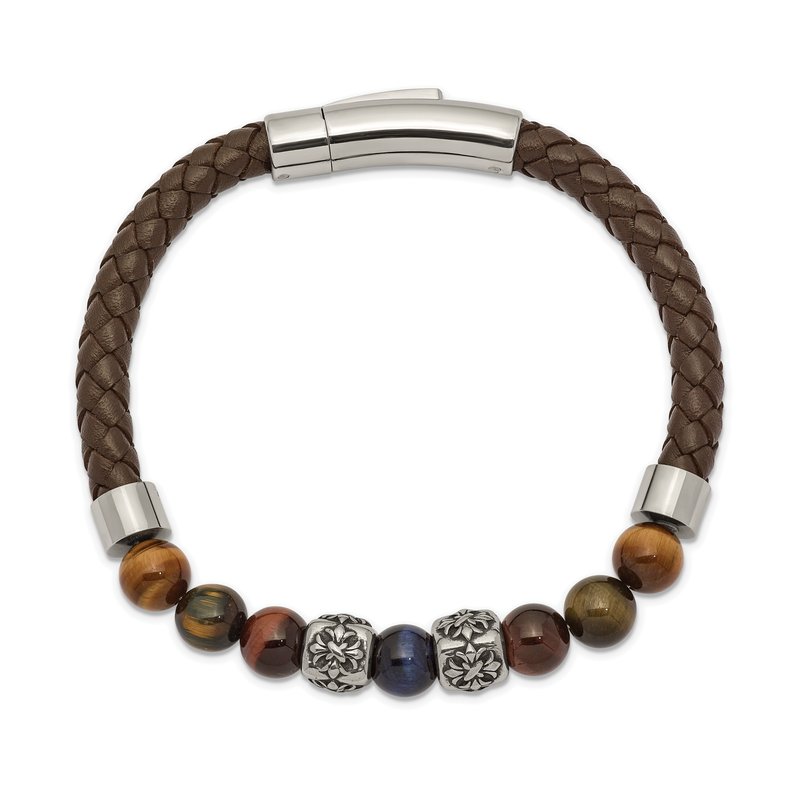 Stainless Steel Antiqued and Polished MultiColor Tiger's Eye Beads Brown Leather 8.5 inch Bracelet