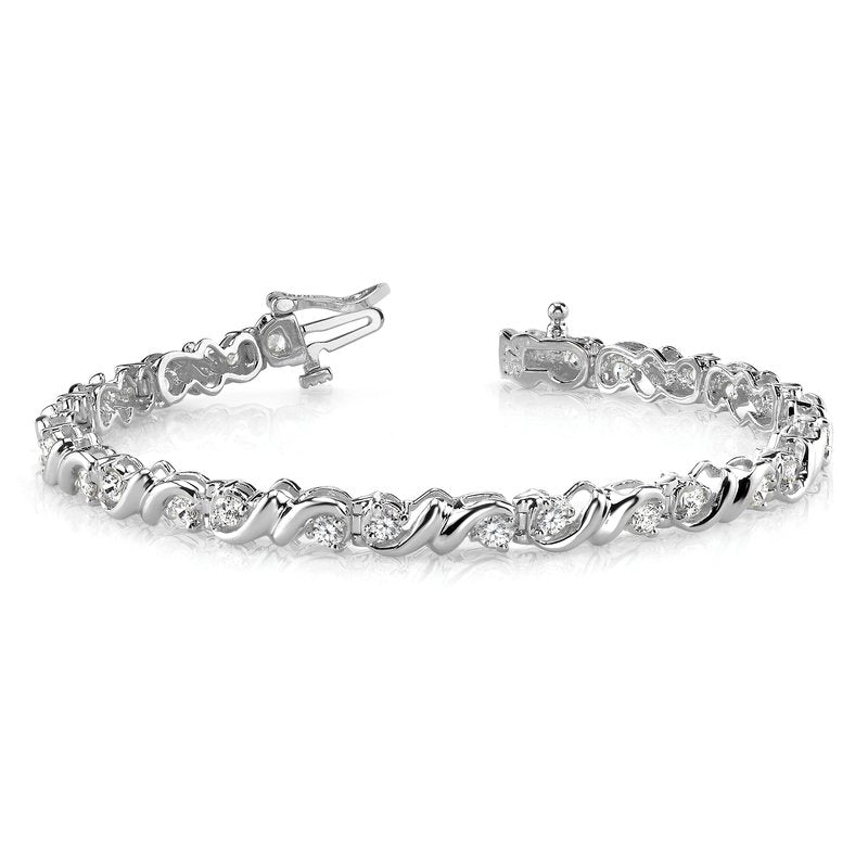 14k White Gold Complete 1.17 carat Round AA Diamond Fancy Swirl 7 inch Tennis Bracelet