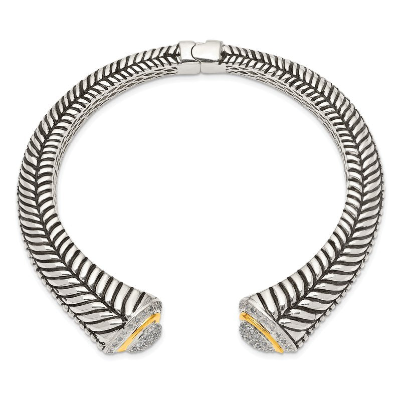 Sterling Silver with 14K Accent Antiqued 1/2 carat Diamond Hinged Cuff Bracelet