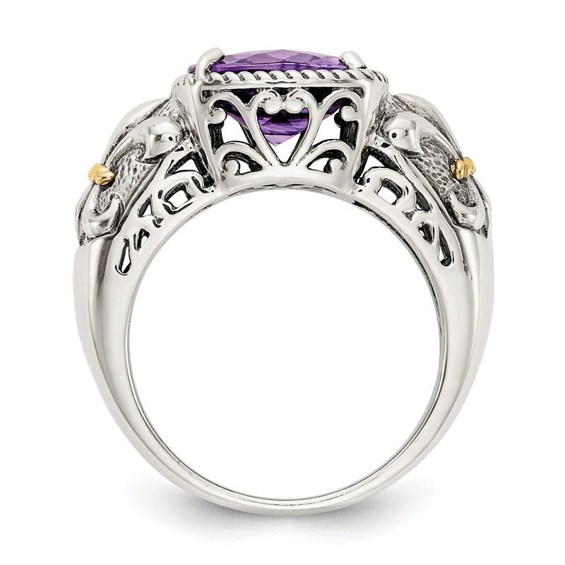 Sterling Silver with 14K Accent Antiqued Cushion Amethyst Ring