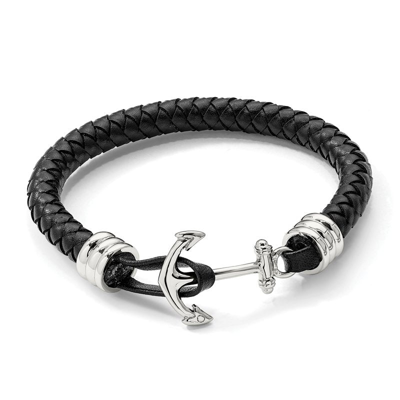 Stainless Steel Polished Anchor Black Braided Leather 8.5 inch Bracelet