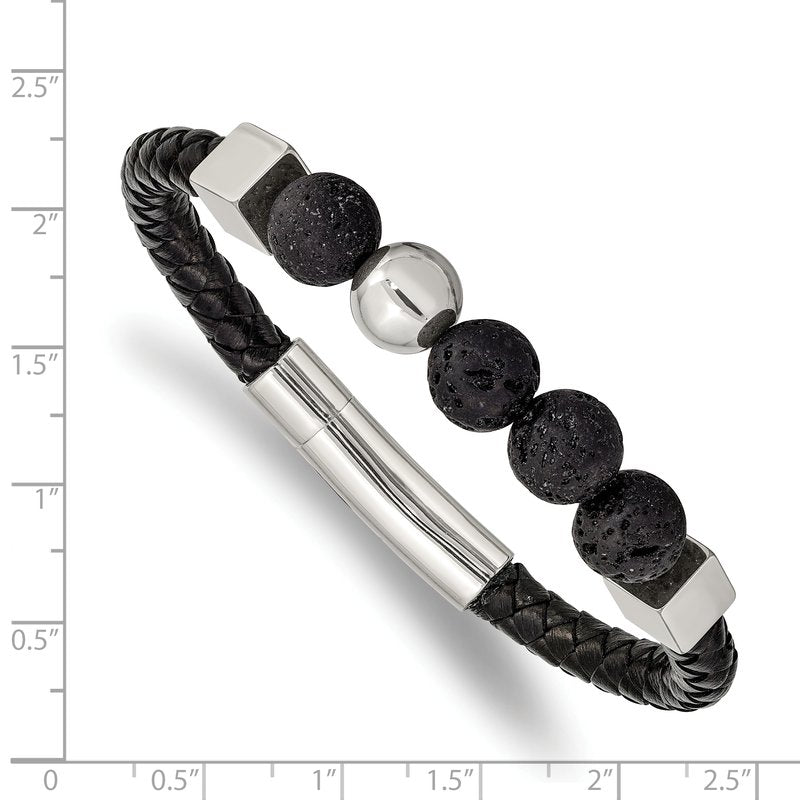 Stainless Steel Polished with Lava Stone Beads Black Leather 8 inch Bracelet