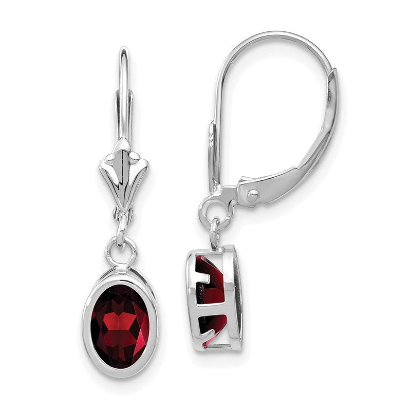 14k White Gold 7x5mm Oval Garnet Dangle Leverback Earrings