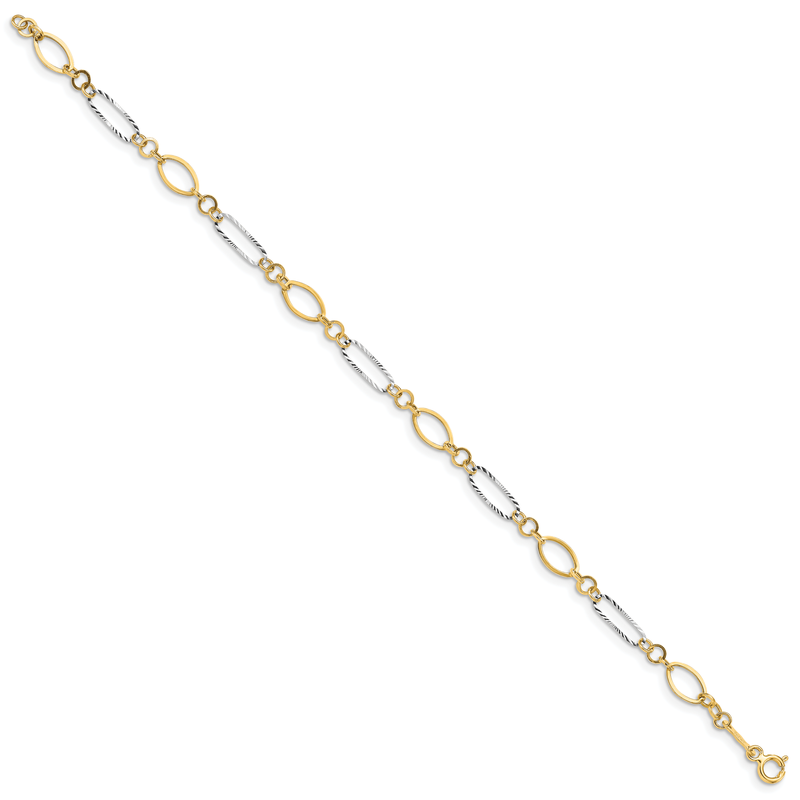 14k Two-tone Polished and Textured Oval Link 7.25 inch Bracelet