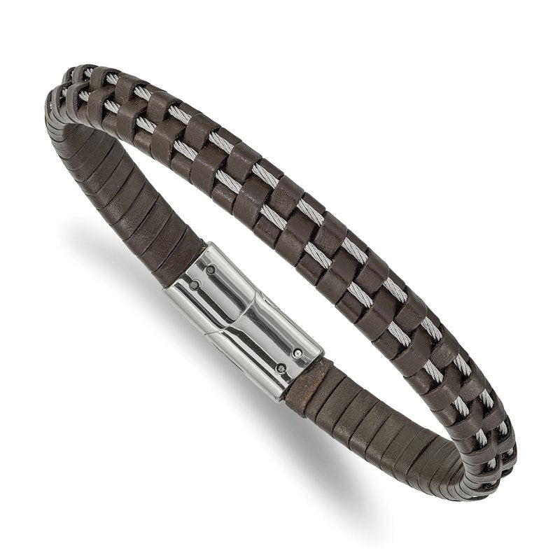 Stainless Steel Polished Cable and Brown Leather 8.75 inch Bracelet