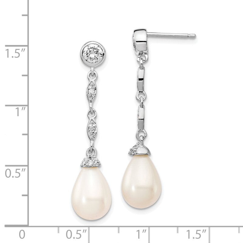 Sterling Silver Rhodium-plated Teardrop Freshwater Cultured Pearl and Brilliant-cut CZ Post Dangle Earrings