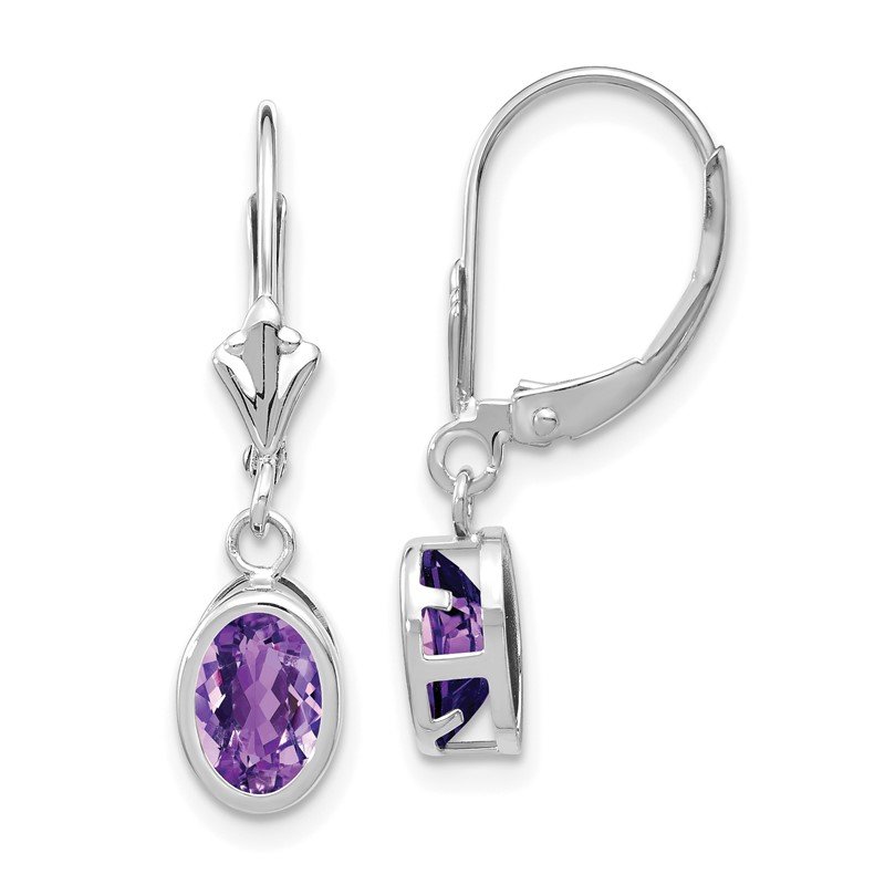 14k White Gold 7x5mm Oval Amethyst Bezel Leverback Dangle Earrings