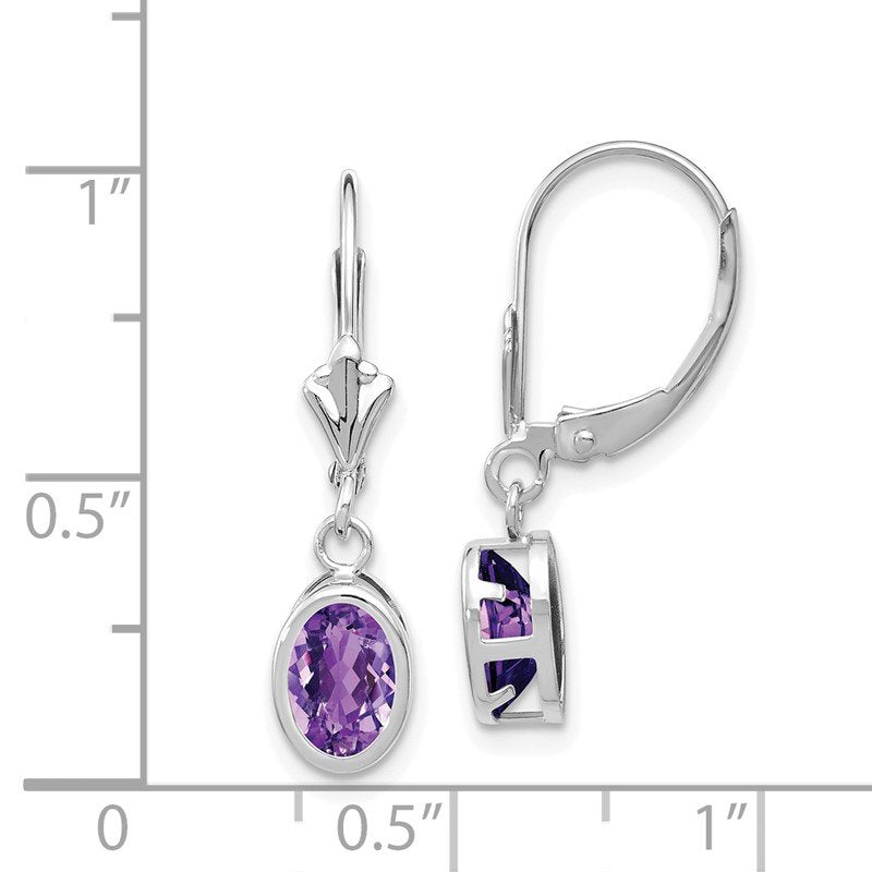 14k White Gold 7x5mm Oval Amethyst Bezel Leverback Dangle Earrings
