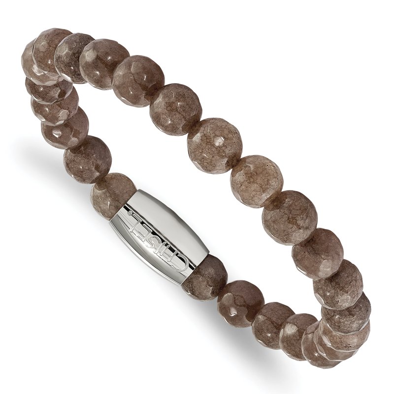 Stainless Steel Polished 8mm Brown Jade Beaded Stretch Bracelet