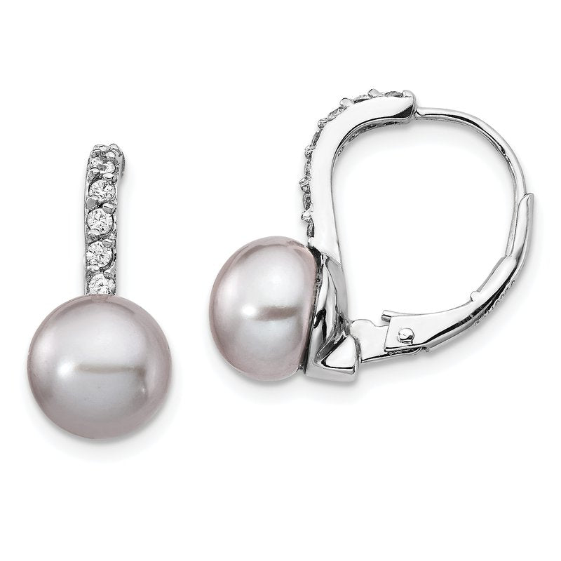 Sterling Silver Rhodium-plated Grey Freshwater Cultured Pearl and Brilliant-cut CZ Leverback Earrings