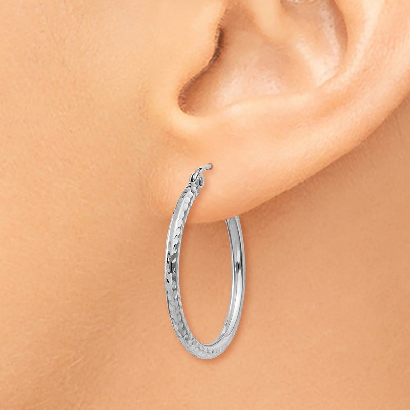 14k White Gold 2x25mm Diamond-cut Round Tube Hoop Earrings