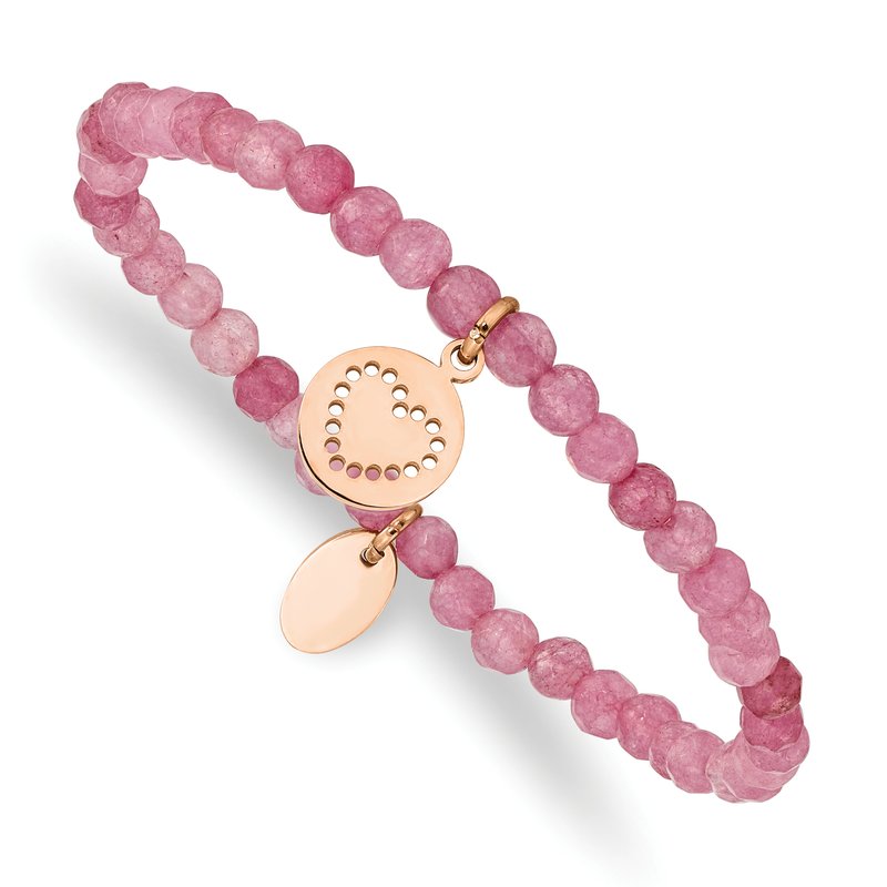 Stainless Steel Polished Rose IP-plated Heart 4mm Pink Jade Beaded Stretch Bracelet