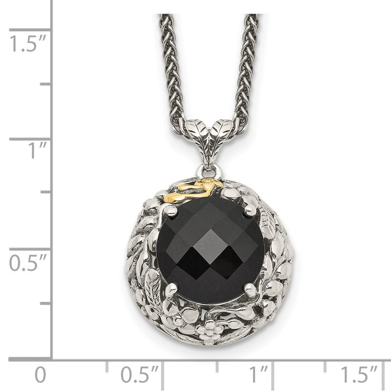 Sterling Silver with 14K Accent 18 Inch Antiqued Checkerboard-cut Black Onyx Necklace