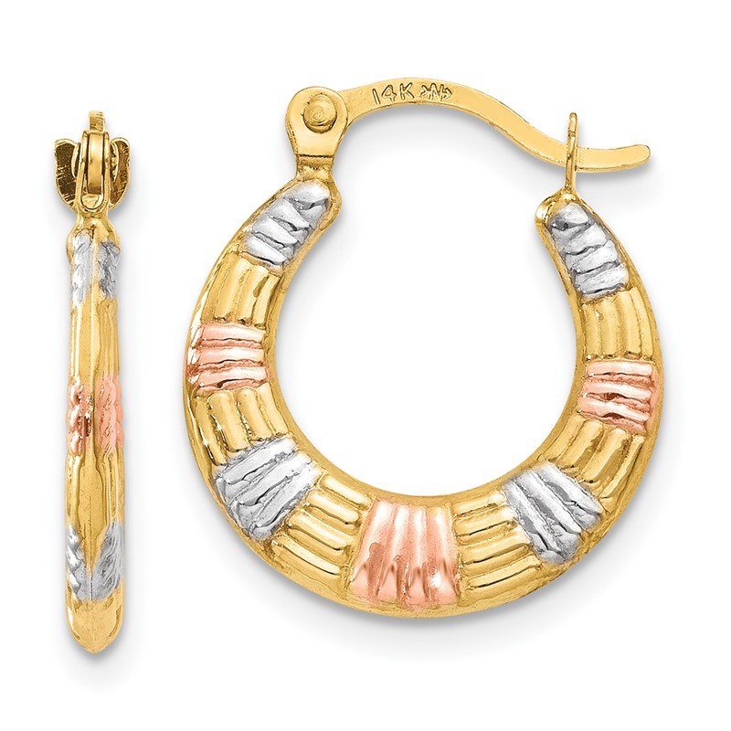 14K &amp; White and Rose Rhodium Hollow Textured Hoop Earrings