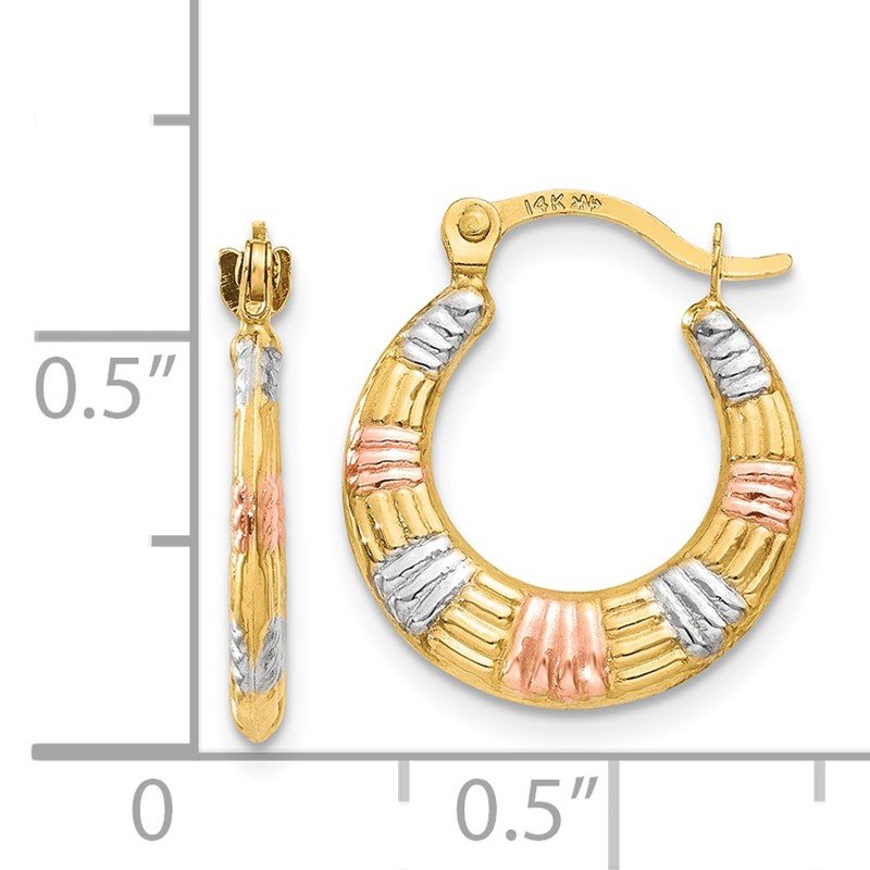 14K &amp; White and Rose Rhodium Hollow Textured Hoop Earrings