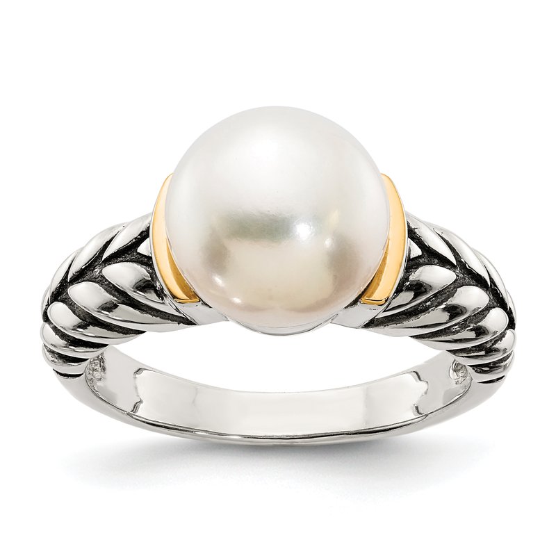 Sterling Silver with 14K Accent Antiqued 10mm Button Freshwater Cultured Pearl Ring