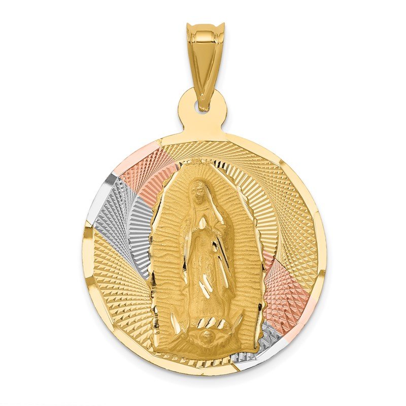 14K with Rose and White Rhodium Polished Diamond-cut Solid Large Our Lady Of Guadalupe Round Pendant