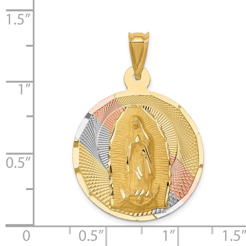 14K with Rose and White Rhodium Polished Diamond-cut Solid Large Our Lady Of Guadalupe Round Pendant