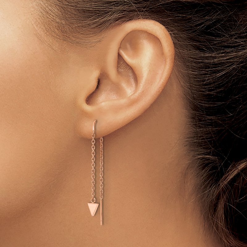 Stainless Steel Polished Rose IP-plated Triangle Threader Dangle Earrings