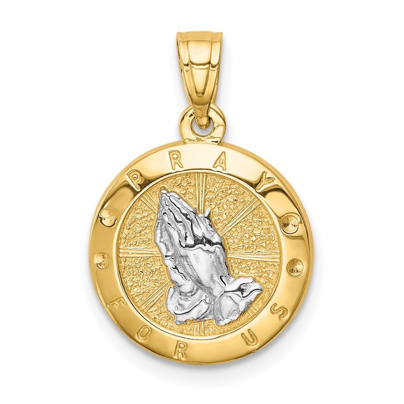 14K and White Rhodium Praying Hands Round Pendant