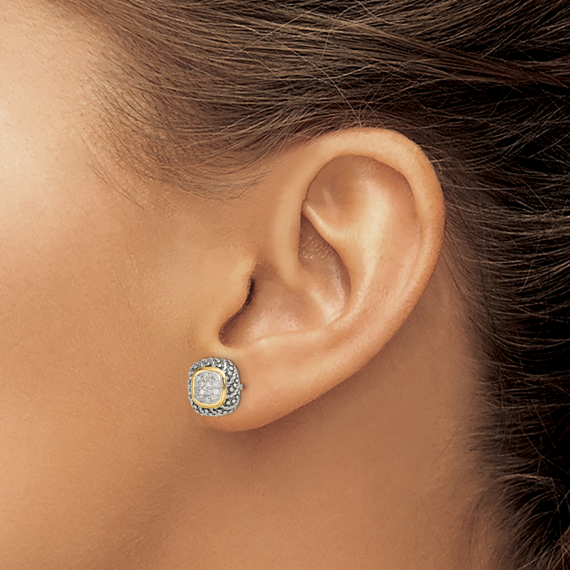 Sterling Silver with 14K Accent Antiqued Diamond Post Earrings