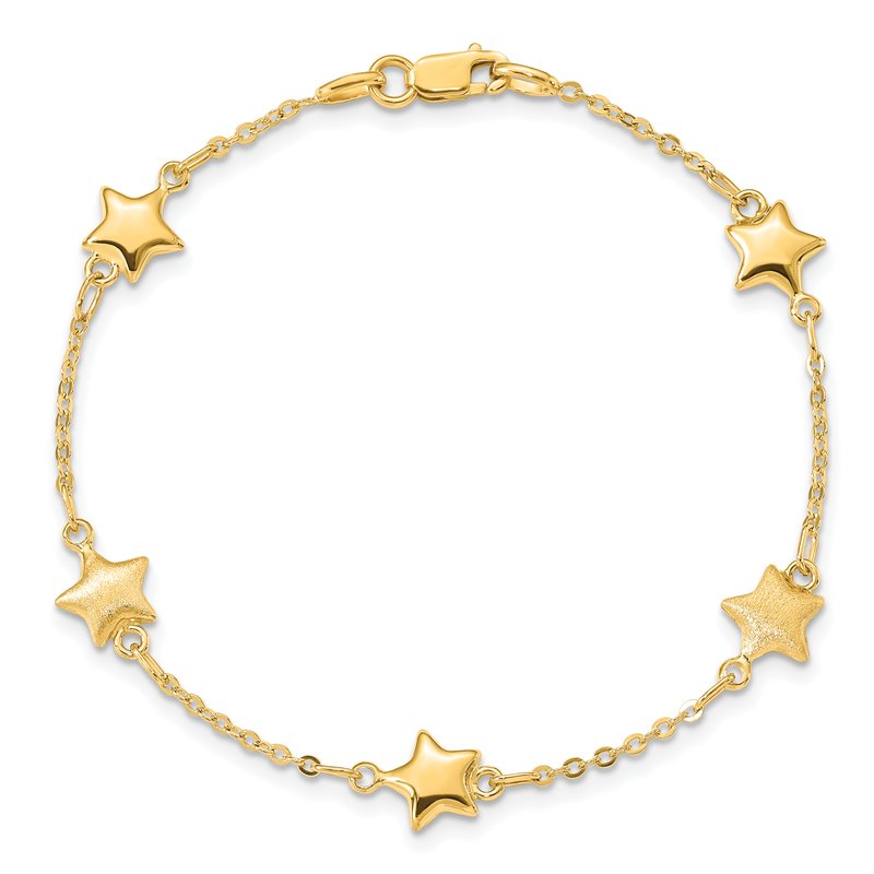 14K Brushed and Polished Puffed Stars 5-Station 7 inch Bracelet