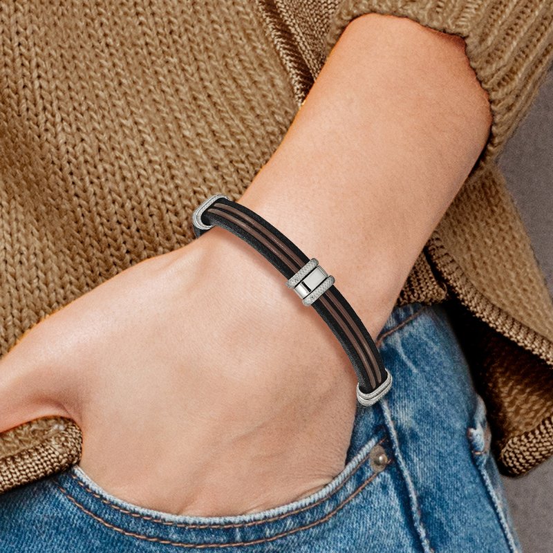 Stainless Steel Polished Black and Brown Leather 8.25 inch Bracelet