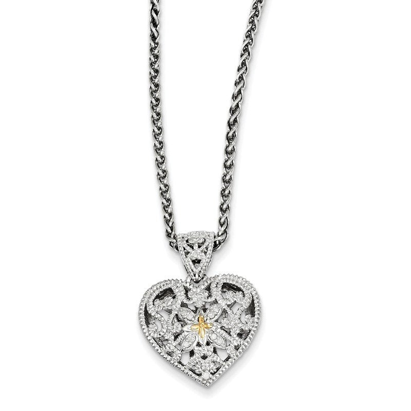 Sterling Silver Antiqued with 14K Accent 18 Inch Diamond Vintage Heart Necklace