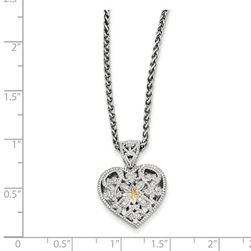 Sterling Silver Antiqued with 14K Accent 18 Inch Diamond Vintage Heart Necklace